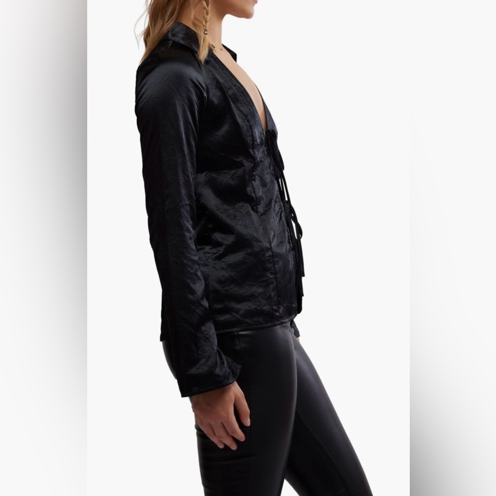 Free People Star Eyes Black Satin Front Tie Crinkle Top Blouse NWT S - Picture 2 of 9